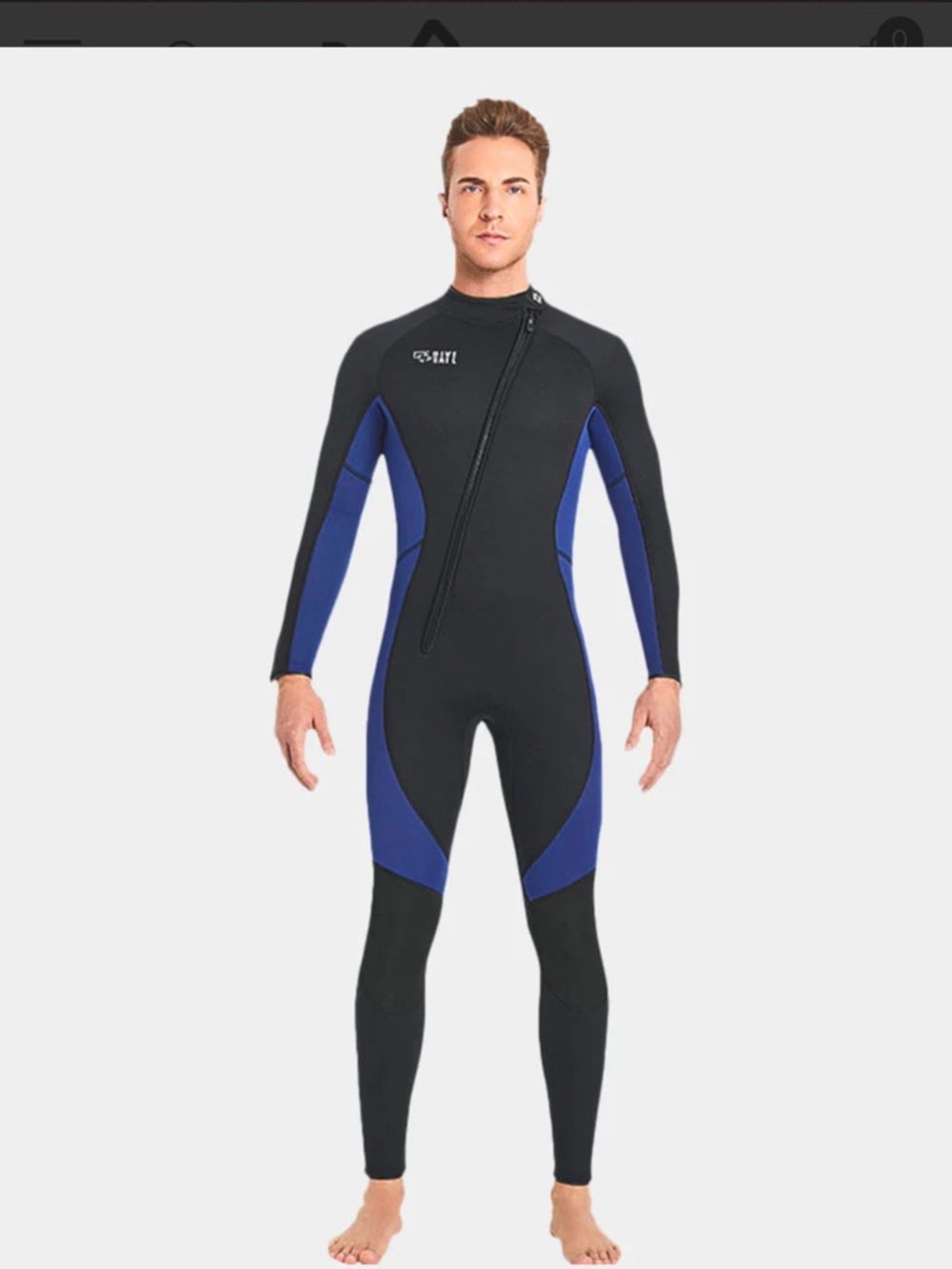 Men's Black and Blue Full-Length Wetsuit - Front Zip